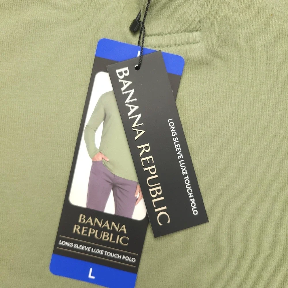 Banana Republic Polo Shirt Mens L‎ Green Solid Cotton Long Sleeve Luxe Touch Top